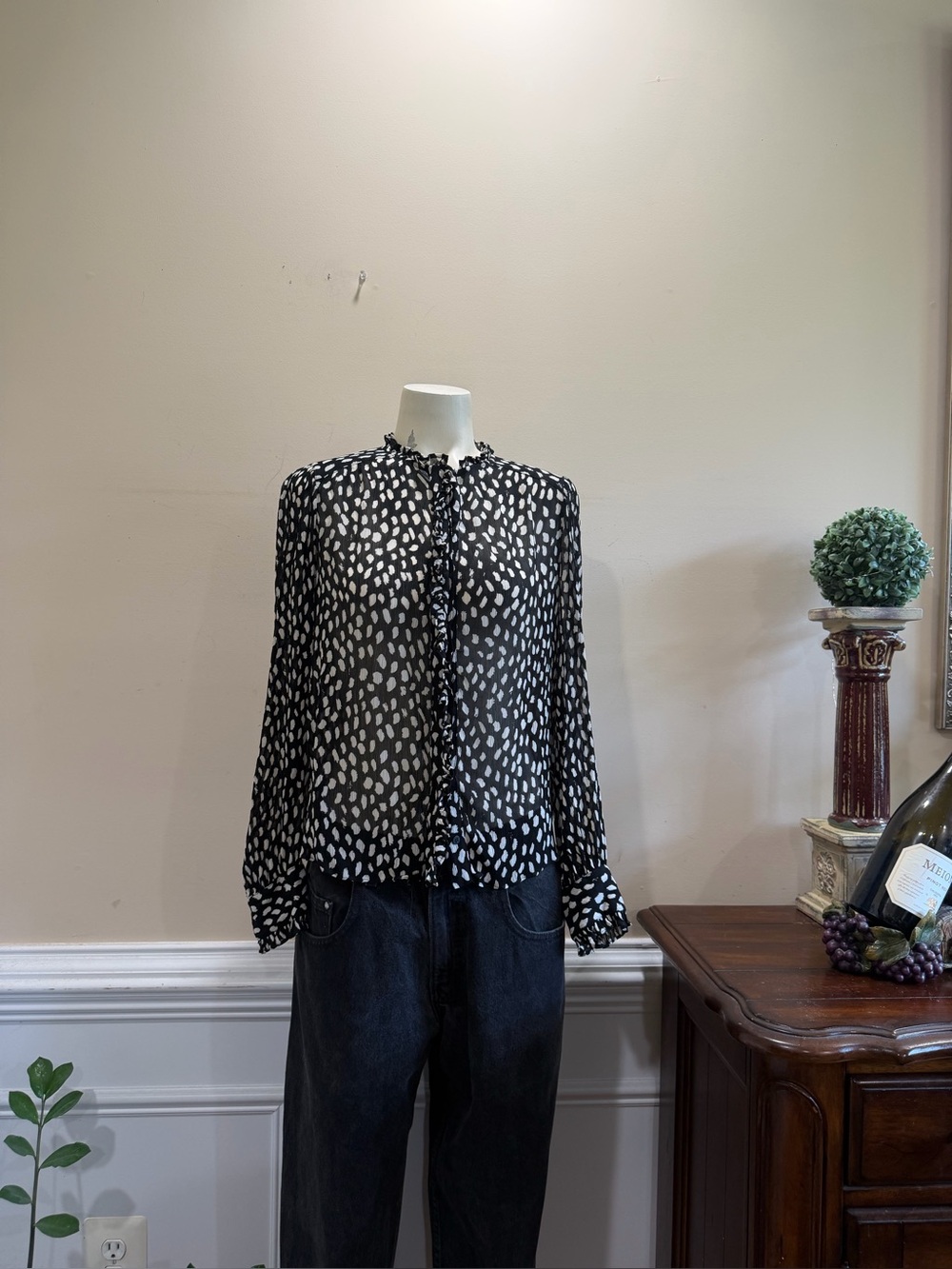 ba&sh Black and Cream Dot-Print Ruffle Blouse